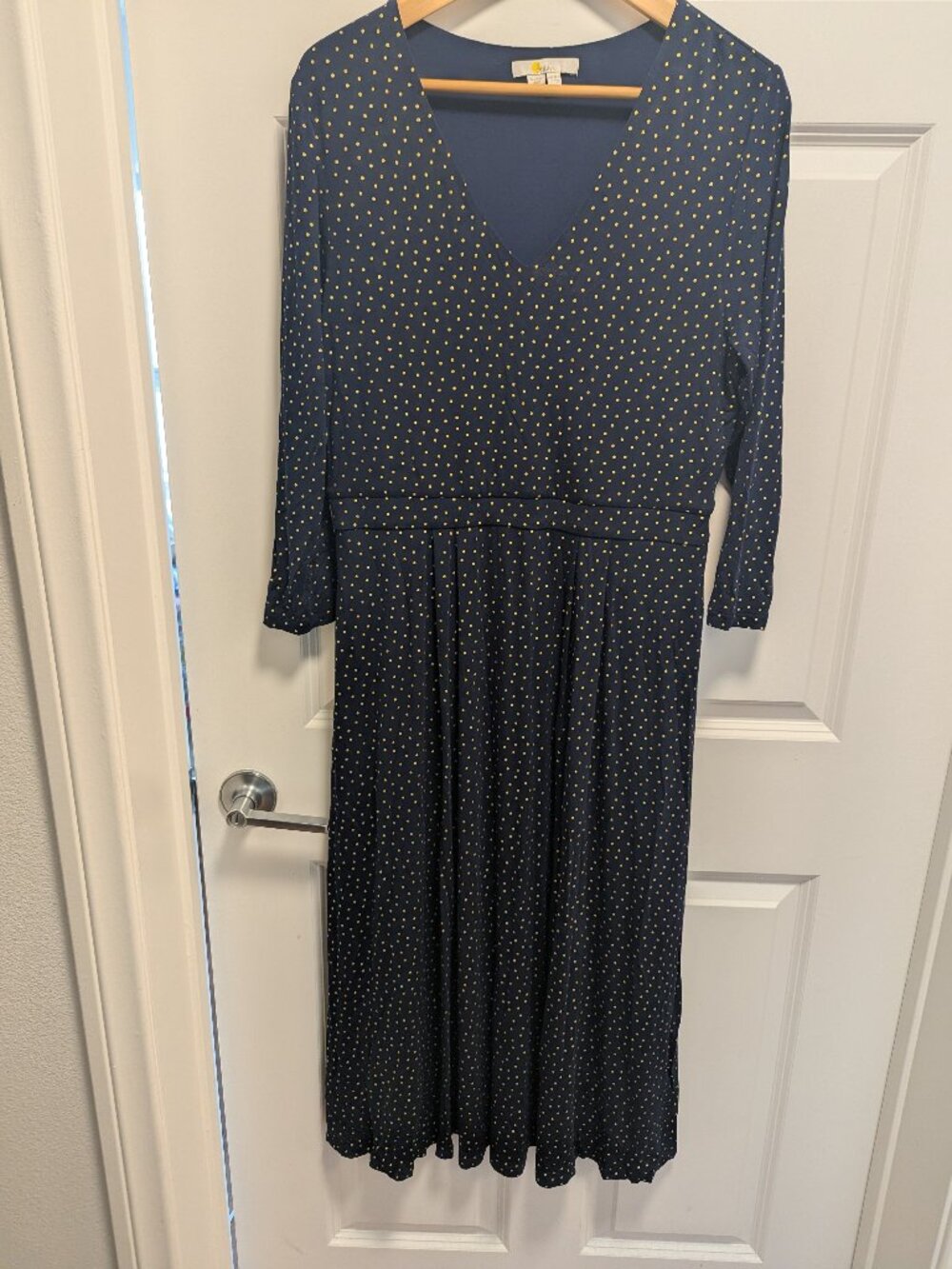 Boden Navy Gold Metallic Polka Dot V-Neck Midi Dress-US 12R/UK 16R (New No Tag)
